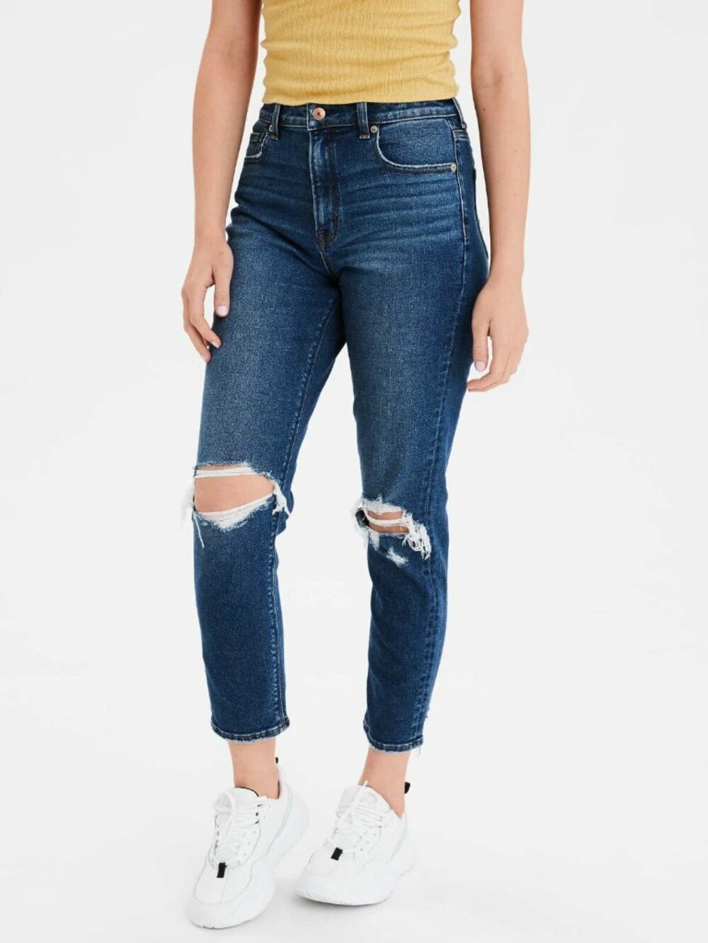 American Eagle Stretch Mom Jeans 6 Blue Denim AE High Rise Waist Knee Holes